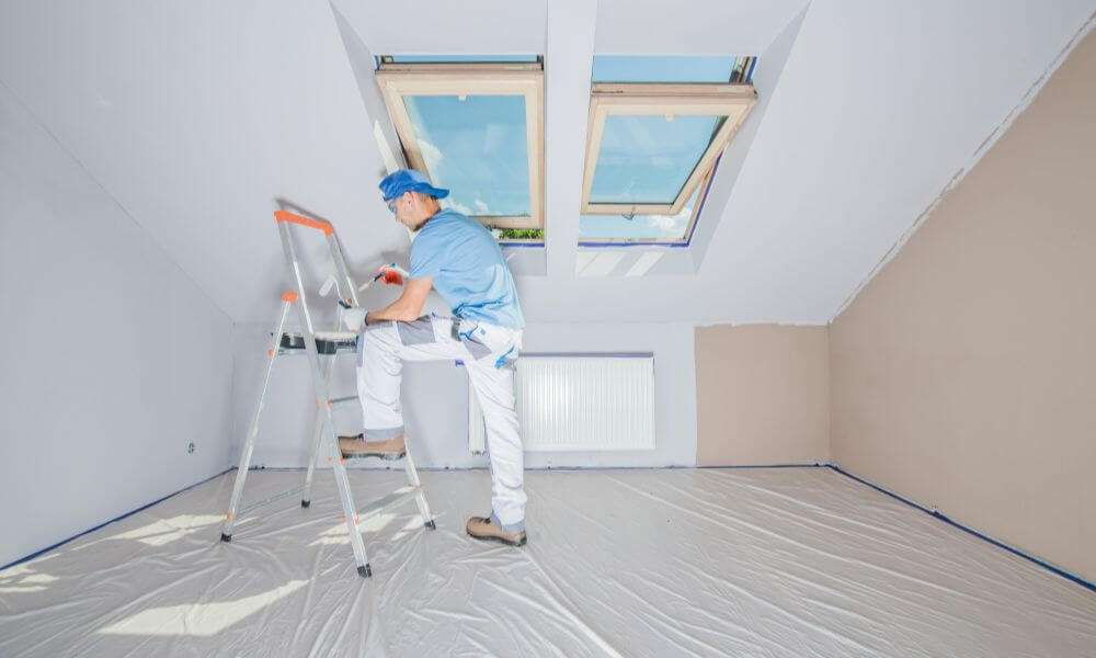 A painter is standing on a ladder, applying paint to a sloped ceiling in a room with skylights. The floor is covered with a protective sheet.